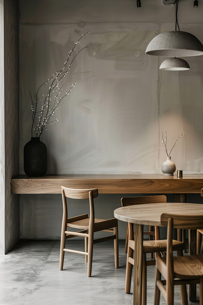 Modern, minimalist café interior with wooden chairs and tables, textured hanging lamps, and decorative branches in vases.