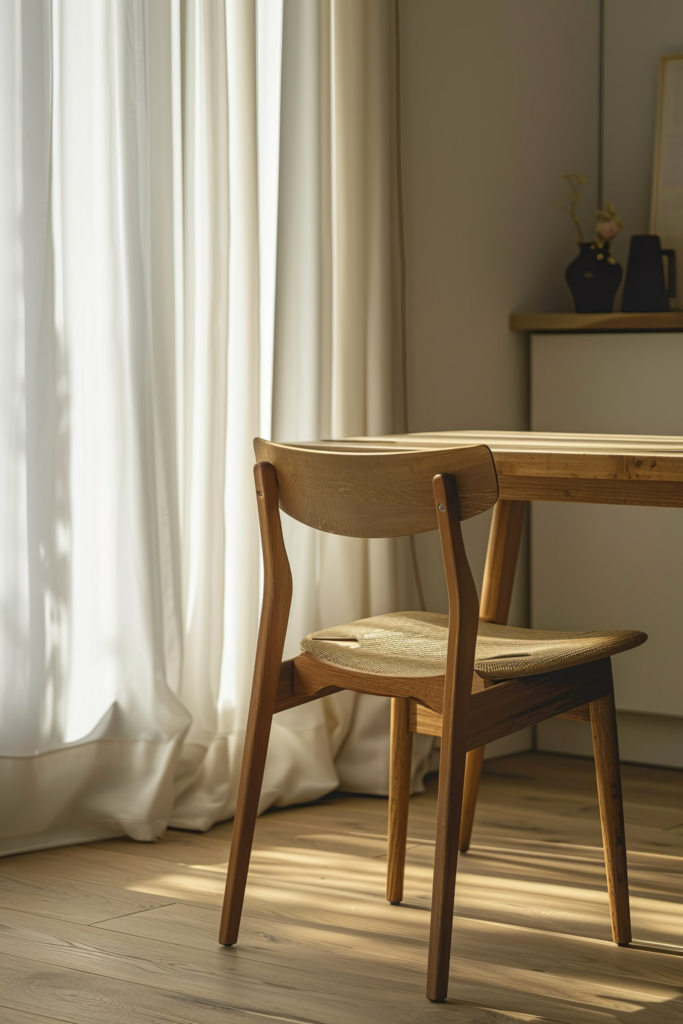A wooden chair beside a table, with sunlight casting shadows on the floor, near sheer white curtains and a vase on a shelf.