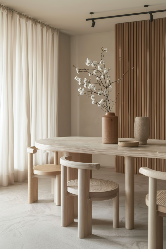 ALT: A minimalist dining room with a wooden table and chairs, beige curtains, and a vase with white flowers on the table.