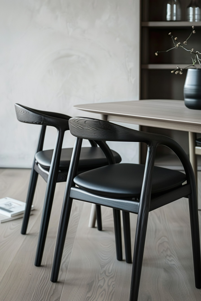 Modern dining room with a wooden table and two black chairs, with a vase on the table in a minimalist setting.