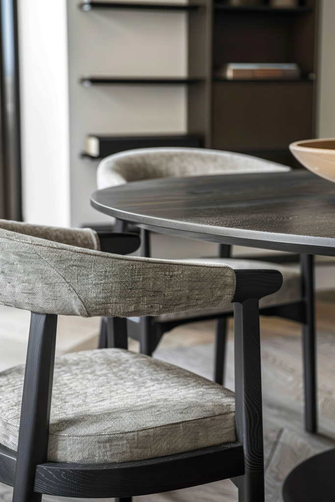 Modern dining room with a close-up of a chair upholstered in textured grey fabric and a dark wooden table, shelf with books in the background.