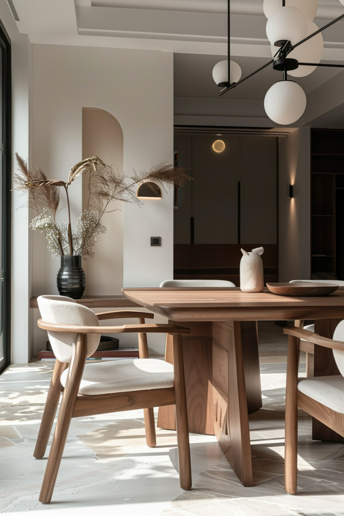 Modern dining room with wooden table and chairs, pendant lights, and decorative vases with dried plants.