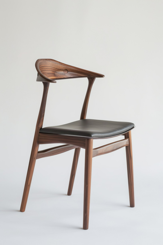 A modern wooden chair with a curved backrest and a black leather seat against a white background.