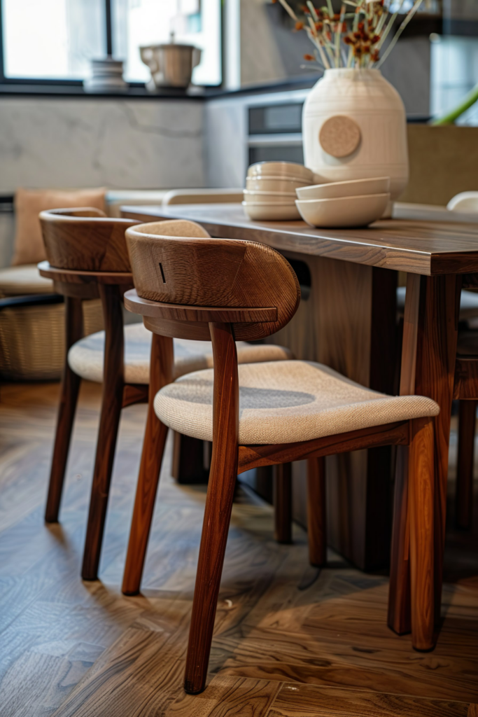 ALT: A modern dining room with elegant wooden chairs and table, set with ceramic bowls and a vase on the table.