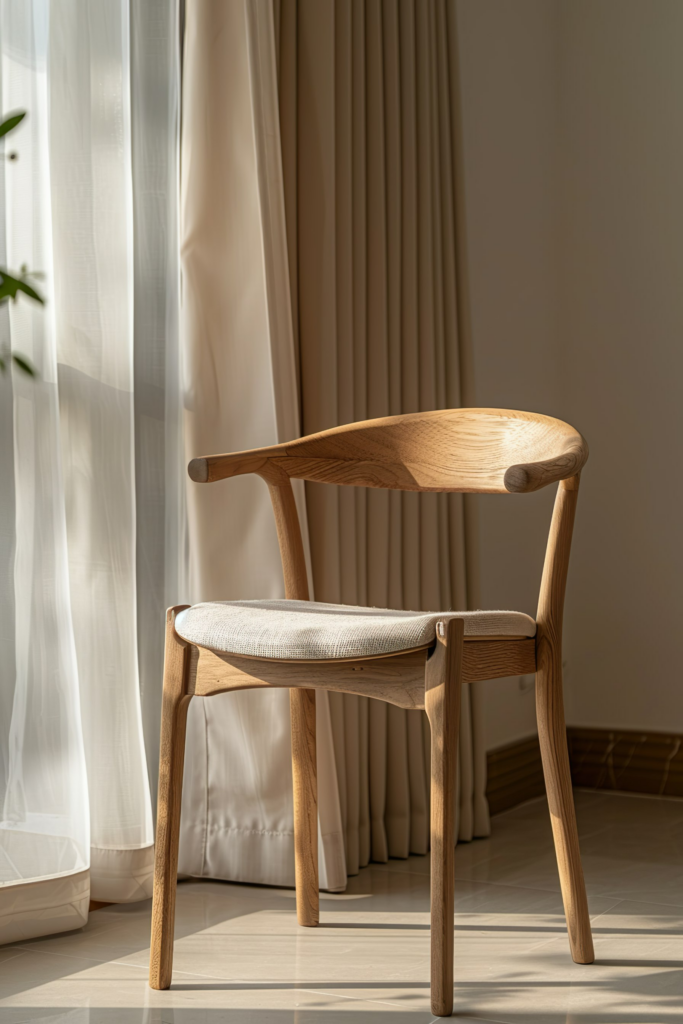 Wooden chair with a fabric seat in a sunlit room with sheer and opaque curtains in the background.