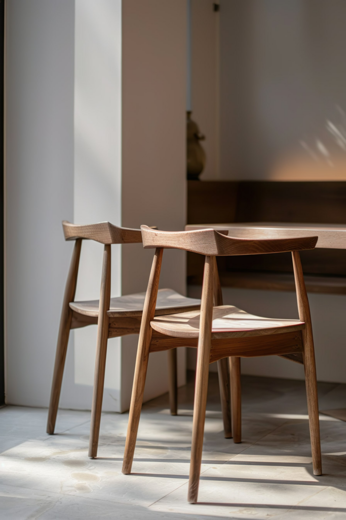 Two wooden chairs in a sunlit room with shadows cast on the floor.