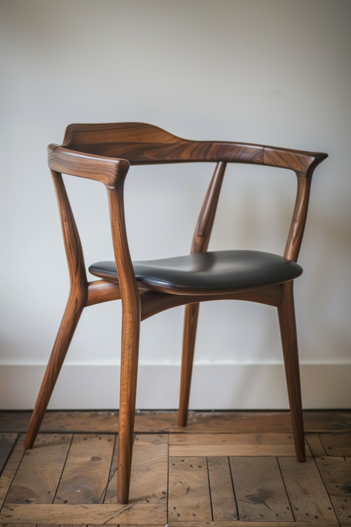 Elegant walnut chair with a streamlined design and black leather seat, standing on a herringbone patterned wood floor.