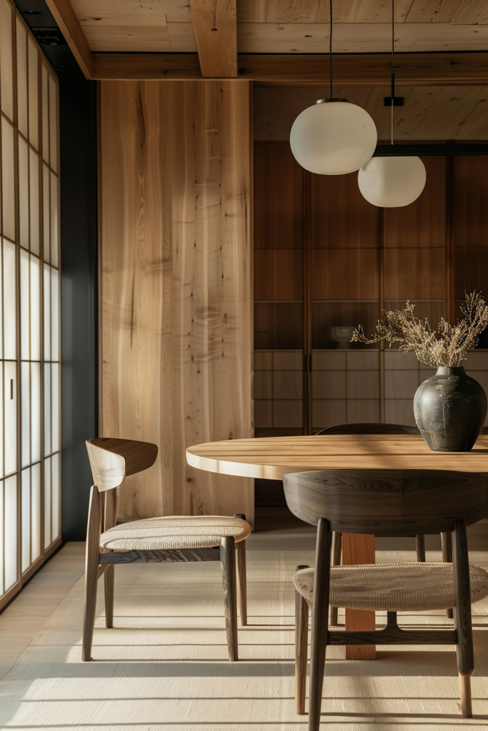 Warmly lit, modern wooden dining area with elegant chairs, round table, large pendant lights, and Japanese-style sliding doors.