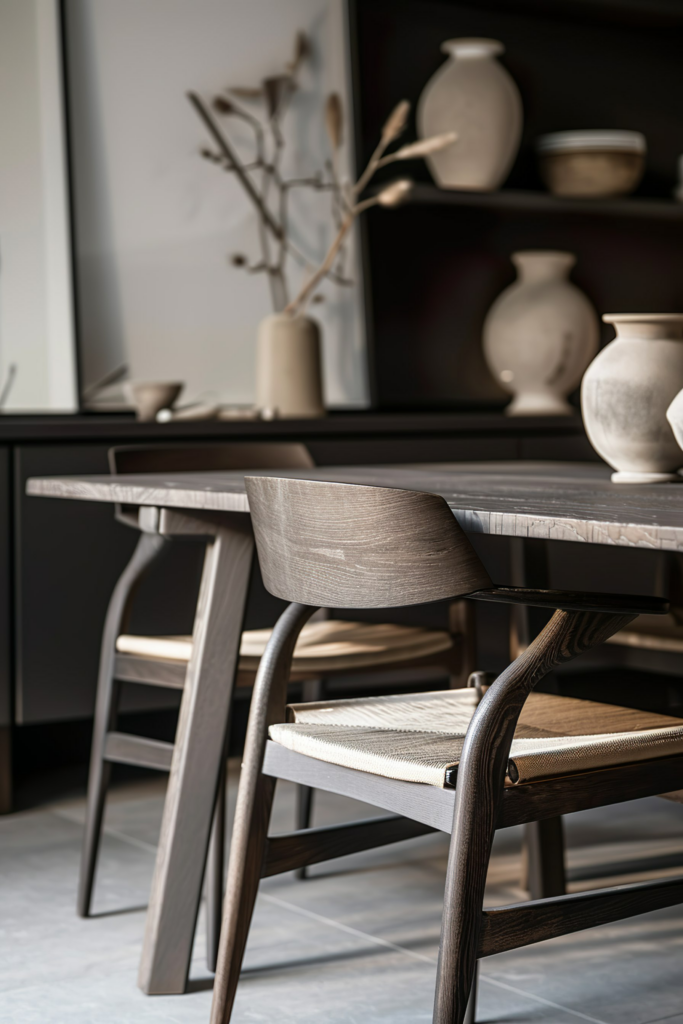 A modern dining room with elegant wooden chairs and table, and a shelf with decorative vases in the background.