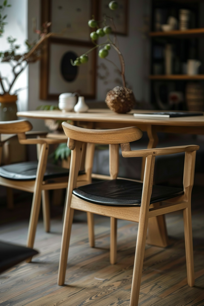 ALT: A cozy indoor setting featuring wooden chairs with black cushions around a matching table, with a decorative plant and pottery in the background.