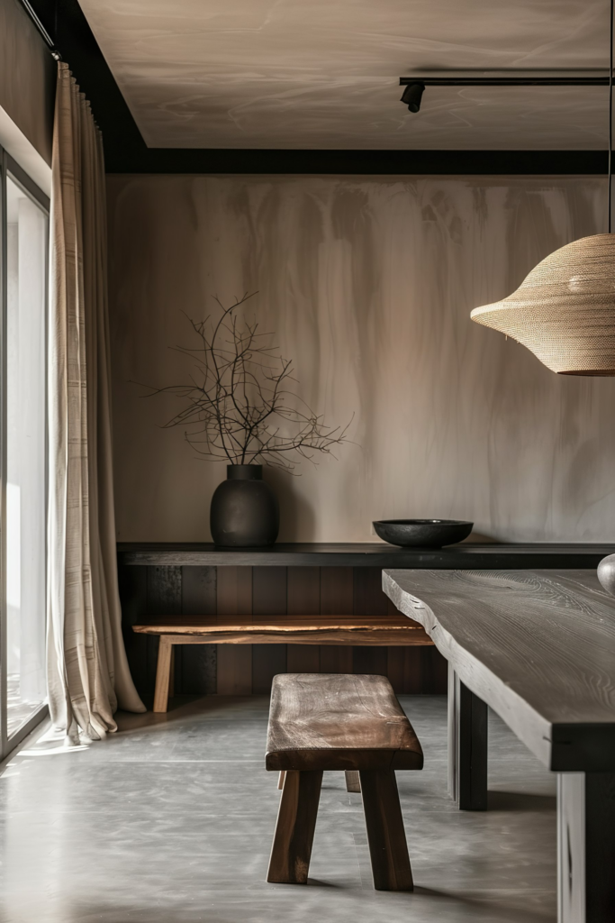 Elegant interior with a wooden table and stool, a textured wall, decorative vase with branches, and a hanging woven lamp.