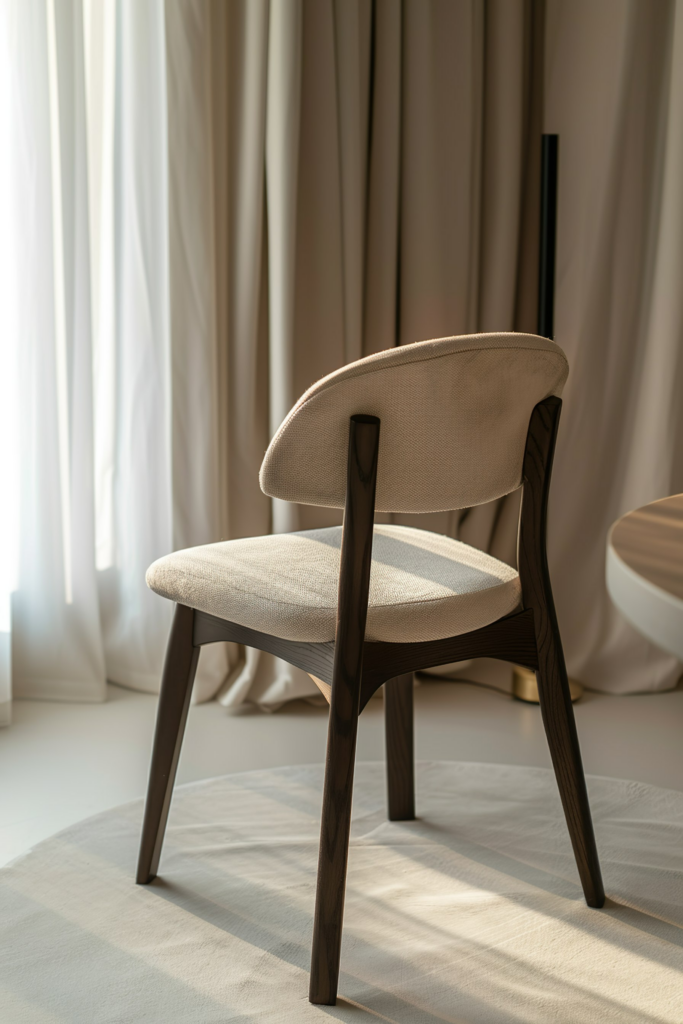 A modern chair with beige upholstery and dark wooden legs, standing on a white rug against a background of sheer curtains.