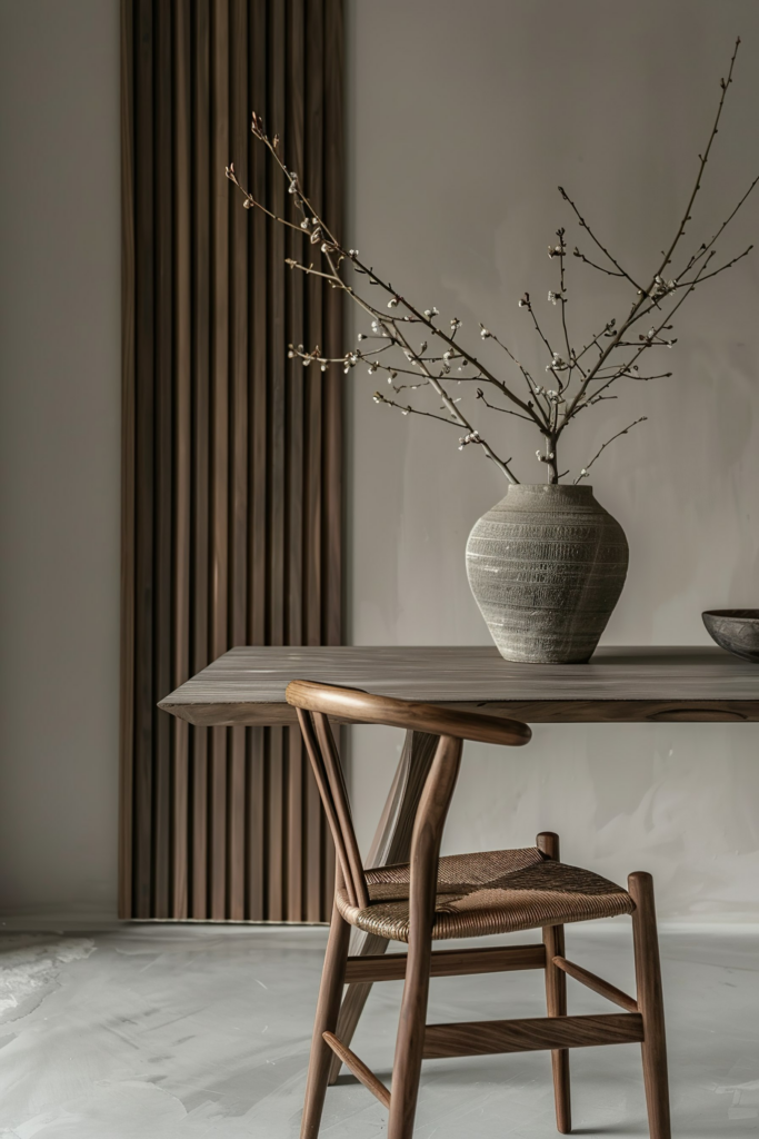 ALT: Modern minimalist interior with a wooden dining table and chair, and a large vase with budding branches on top, against a neutral backdrop.