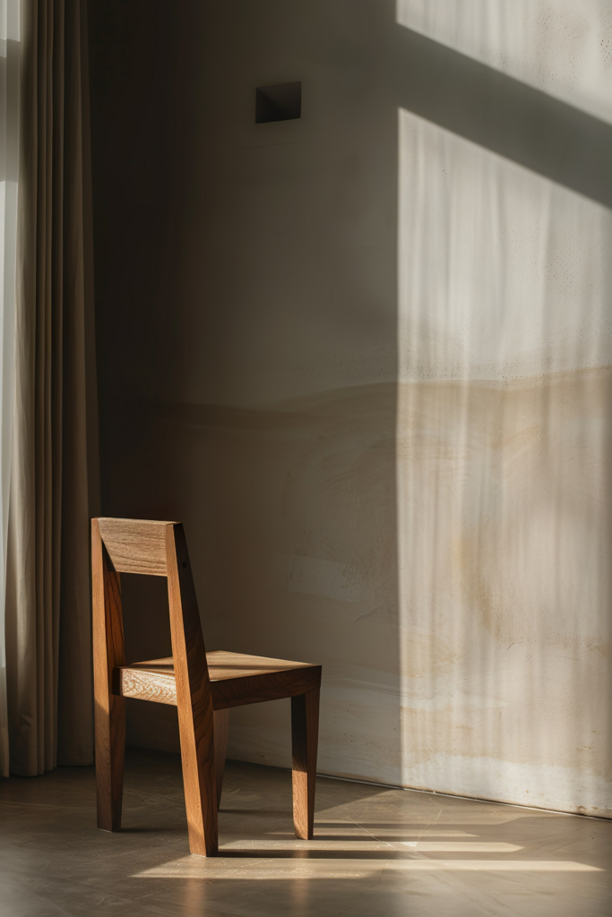 A single wooden chair bathed in sunlight casting sharp shadows on a warm, beige wall beside flowing curtains.