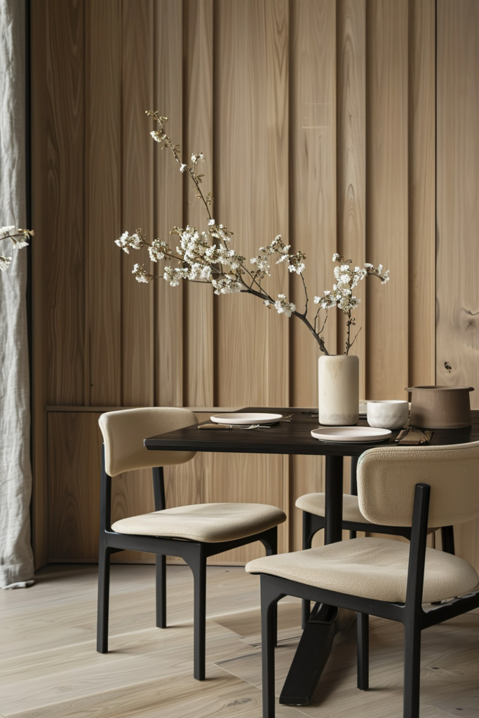 An elegantly set dining table with beige chairs, white flowers in a vase, plates, and cups, against a wooden paneled background.