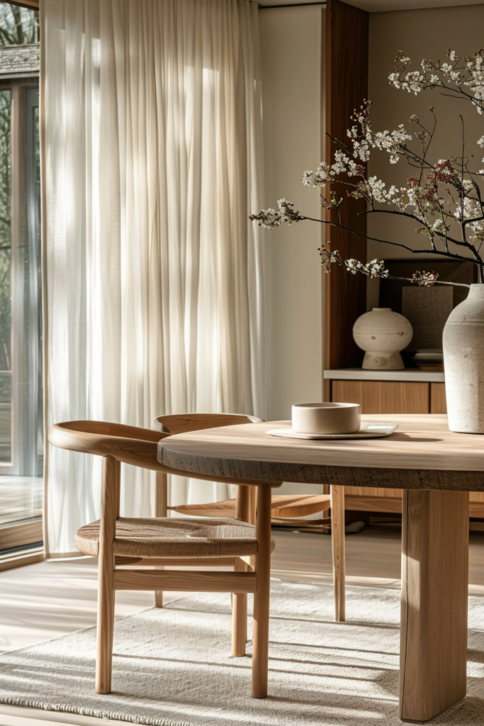 A warm, sunlit room with a wooden table and chair, a woven vase with blooming branches, and sheer curtains by a window.