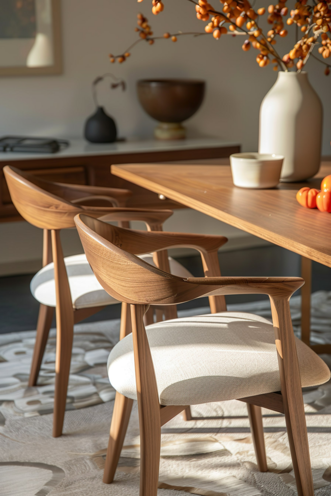 Modern dining room with wooden table and chairs, white vase with branches, and warm natural lighting.