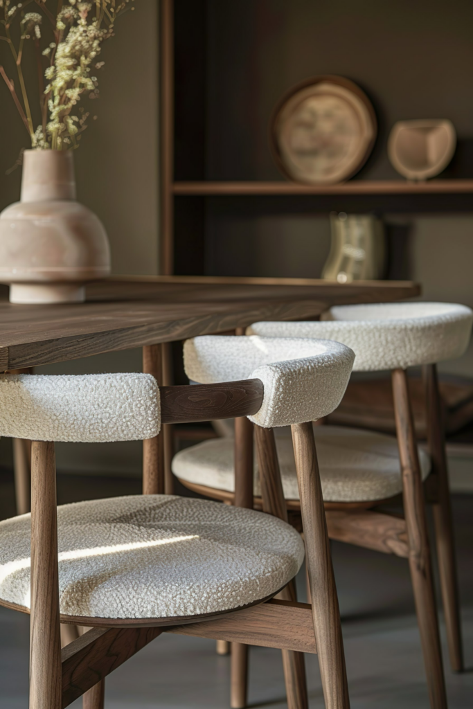 Modern dining space with textured upholstered chairs and wooden table, complemented by decorative vase and shelf in the background.