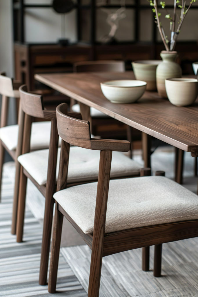 Elegant dining room setting with a dark wood table, matching chairs with beige cushions, and decorative ceramic bowls.