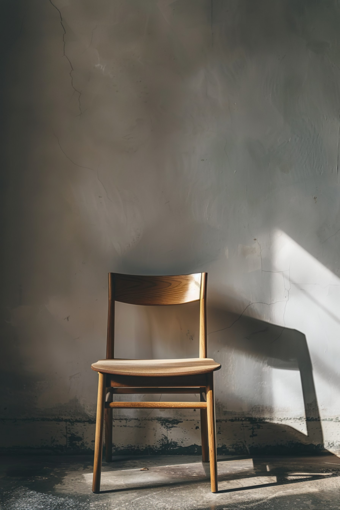 A solitary wooden chair against a textured wall with sunlight casting a sharp shadow on the surface.