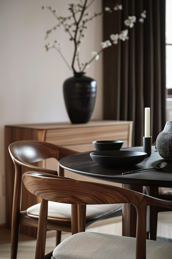 Elegant dining setting with a wooden table and chairs, black bowls, a candle, and a large vase with white blossoms in a stylish interior.