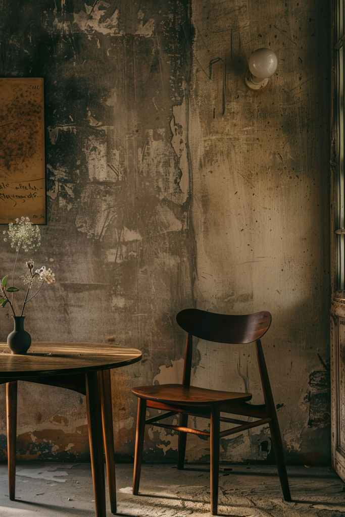 A rustic room with a round wooden table, a simple chair, weathered walls, and a hanging light bulb.