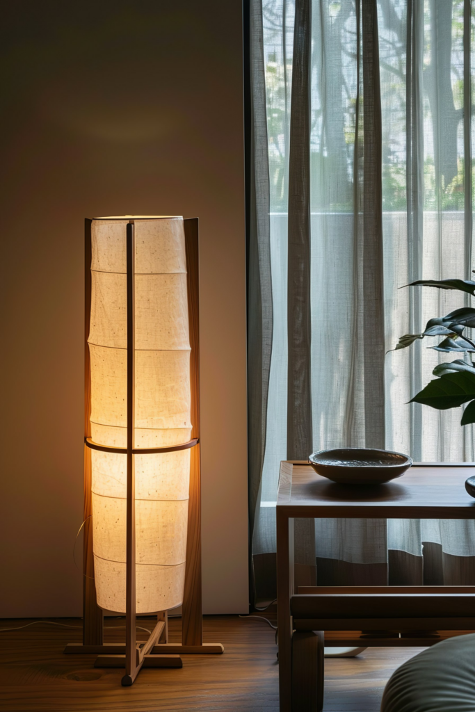 A tall floor lamp illuminates a cozy room corner, with sheer curtains filtering daylight and a potted plant beside a wooden table.