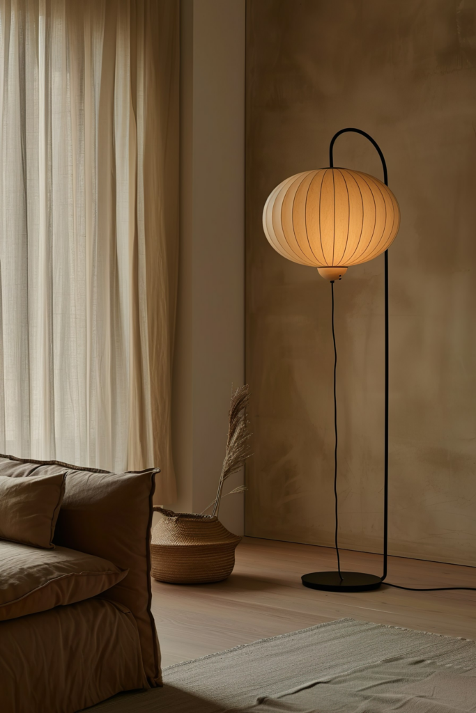 A cozy room corner with a glowing floor lamp, a sheer curtain, and a wicker basket beside a cushioned seat.