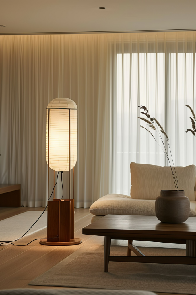 A cozy modern living room corner with an illuminated floor lamp, a cushioned bench, a wooden coffee table, and a vase with dried flowers.