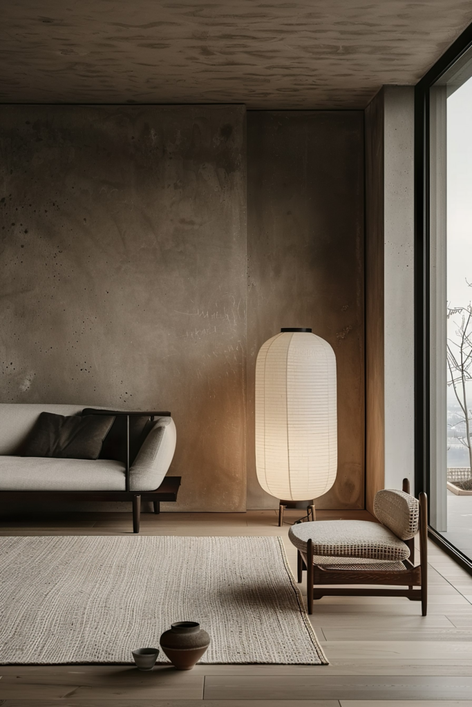 Minimalist living room with a modern sofa, wooden chair, standing lamp, and textured rug on wooden flooring, next to a large window.