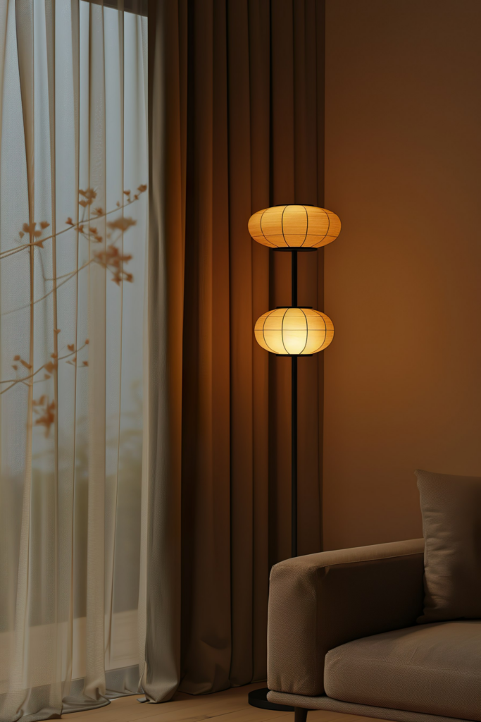 A cozy corner with a modern standing lamp illuminating two round, textured shades beside sheer curtains and a plush armchair.