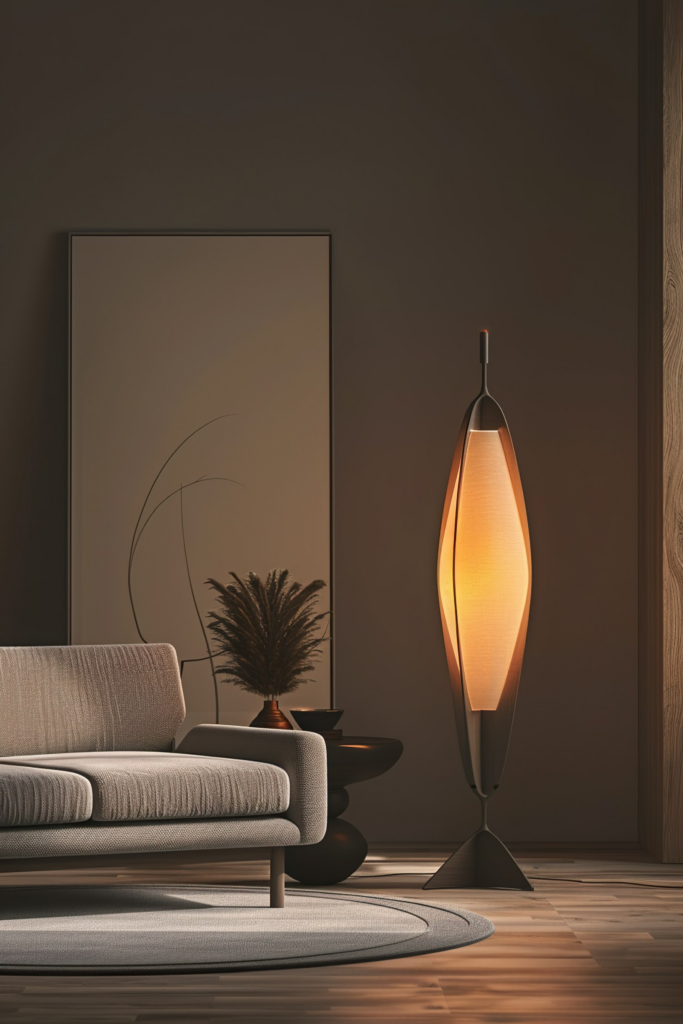 ALT: A cozy room corner with a modern grey sofa, an oval-shaped coffee table, a sleek floor lamp, and a potted plant on a wooden floor.