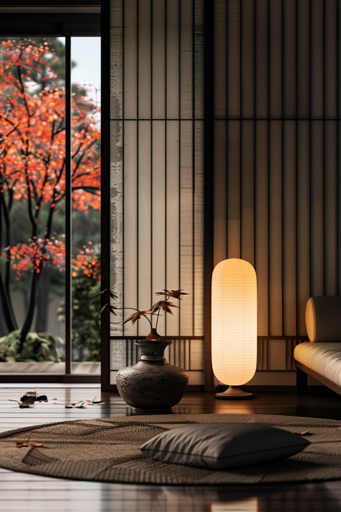 Alt text: Cozy interior with a floor lamp, traditional vase with branches, tatami mat, cushion, and a view of a tree with red foliage outside.