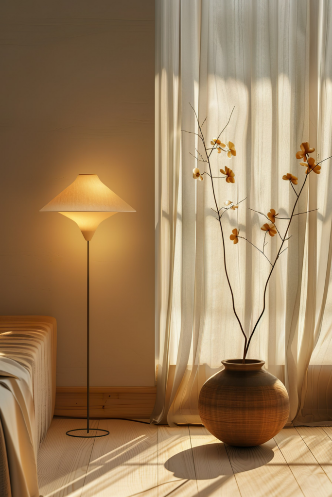 A cozy room corner with a floor lamp casting warm light next to a sheer curtain and a vase with decorative branches.