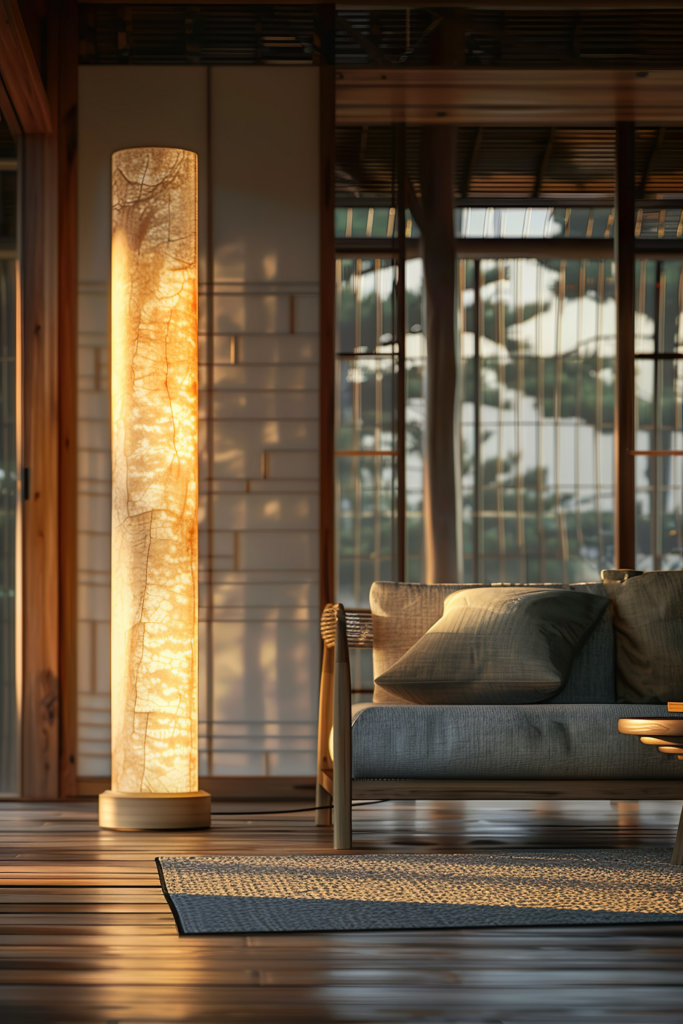 A warmly lit, tall floor lamp in a cozy room with modern furniture, soft cushions, and wooden accents at sunset.