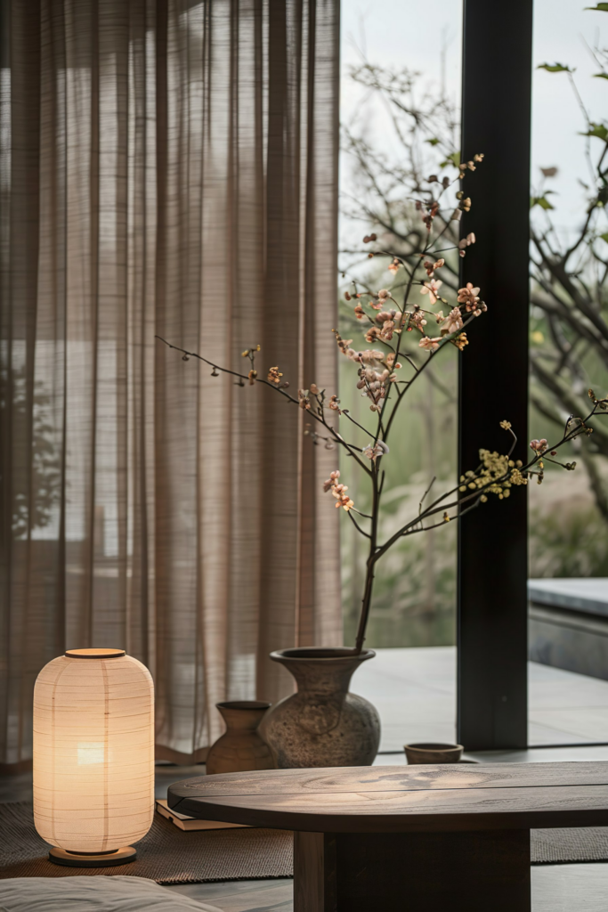 A serene corner with a glowing floor lamp, a vase with blooming branches, and a wooden table by a sheer-curtained window.