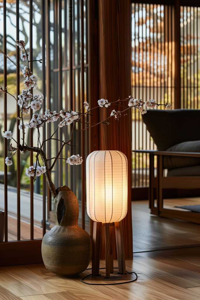 ALT: A serene interior scene with a glowing floor lamp beside cherry blossoms in a rustic vase, set against a backdrop of wooden screens.