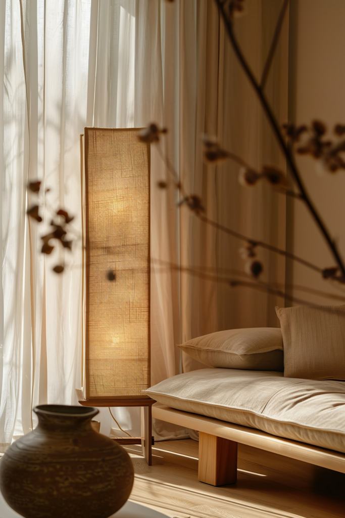 ALT: A cozy corner with a softly lit floor lamp, sheer curtains, a wooden bed with beige pillows, and a decorative vase, exuding a warm ambiance.