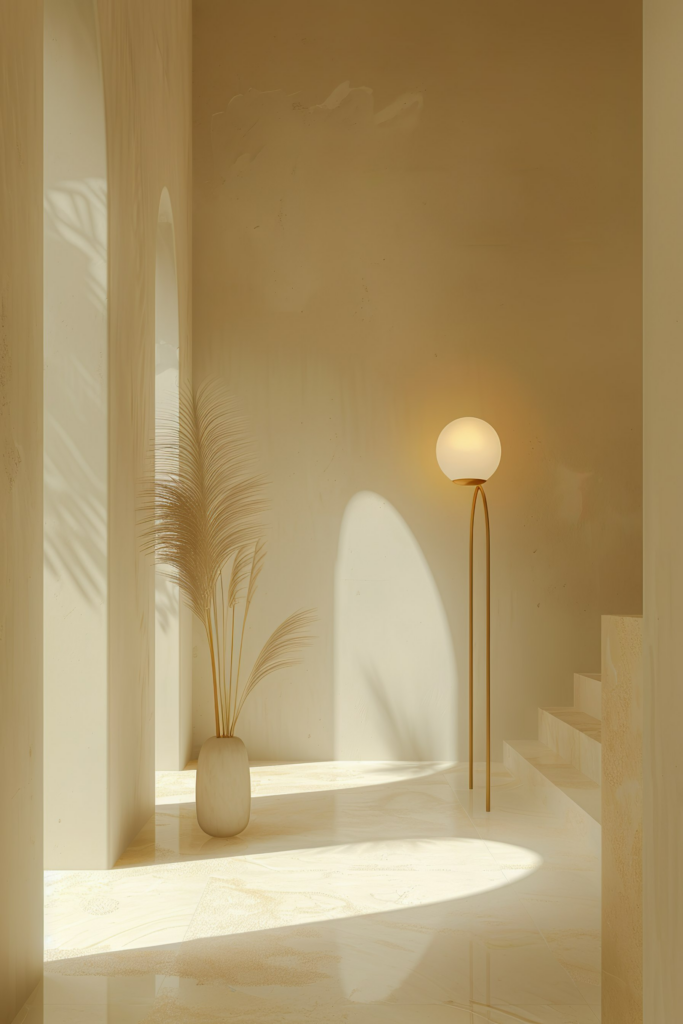 A minimalist interior with warm sunlight, featuring a floor lamp, potted palm fronds, and stairs casting soft shadows.