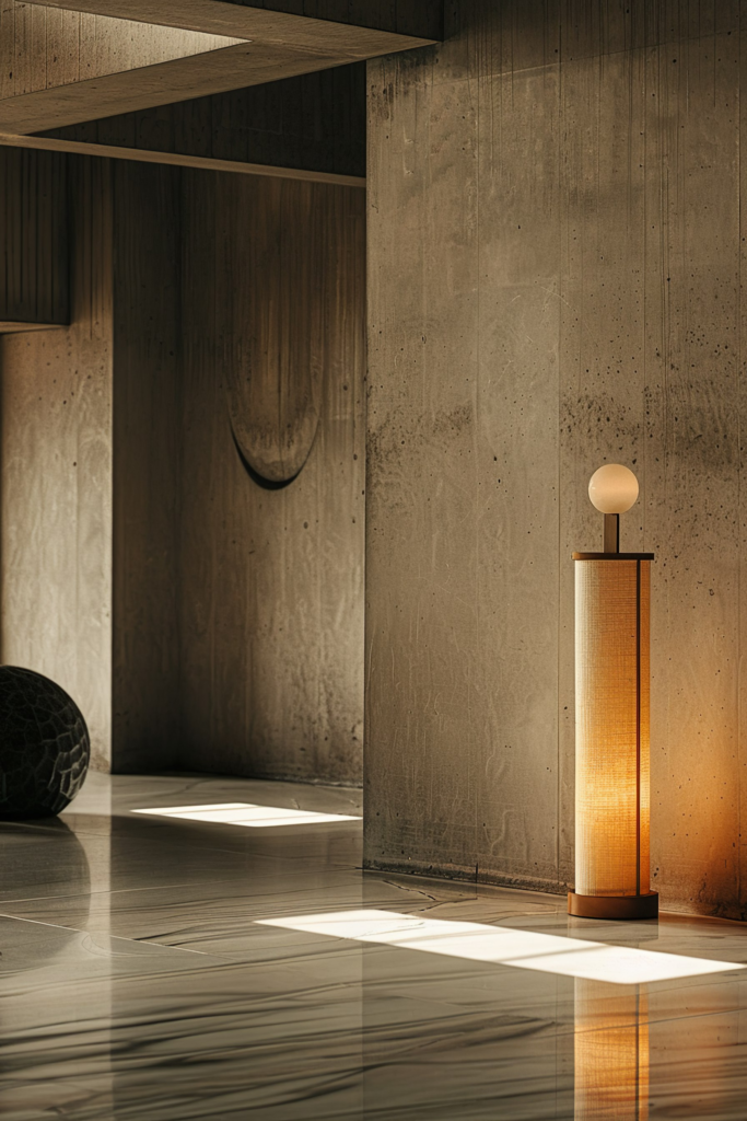 Modern floor lamp illuminates a minimalist room with concrete walls and sunlight casting geometric shadows on the floor.