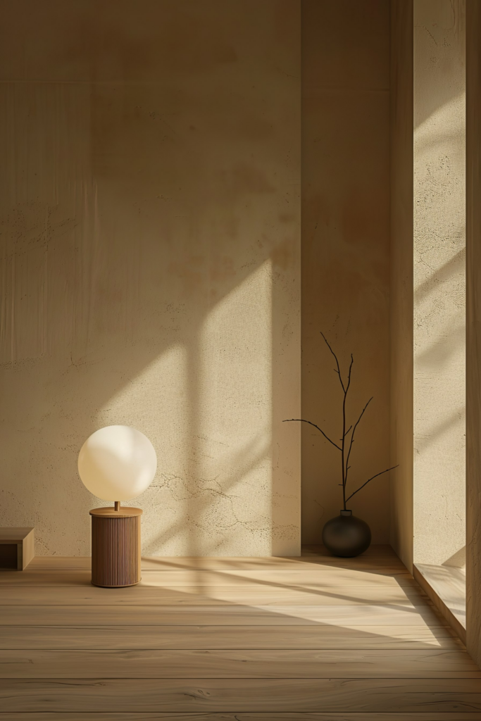 A minimalist interior with soft lighting, featuring a spherical table lamp on a ribbed stand and a simplistic vase with branches.