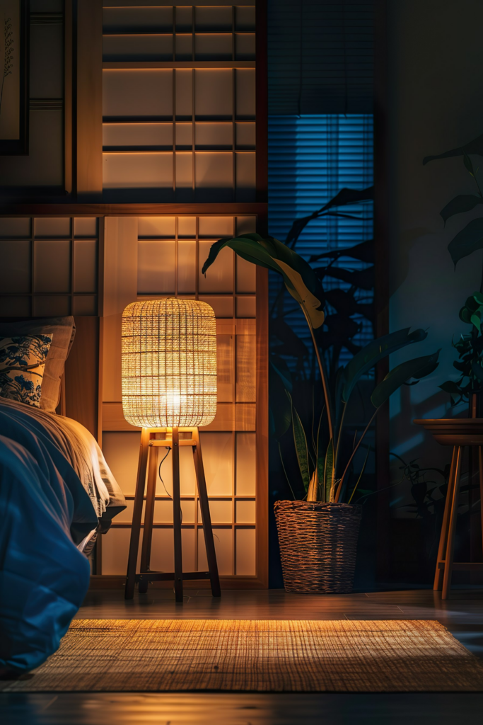 Cozy room corner with a glowing floor lamp beside a bed, traditional sliding door, and indoor plants at dusk.
