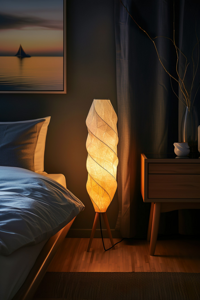 A cozy bedroom corner with a warmly lit floor lamp, bedside table, and artwork featuring a sailboat at sunset.