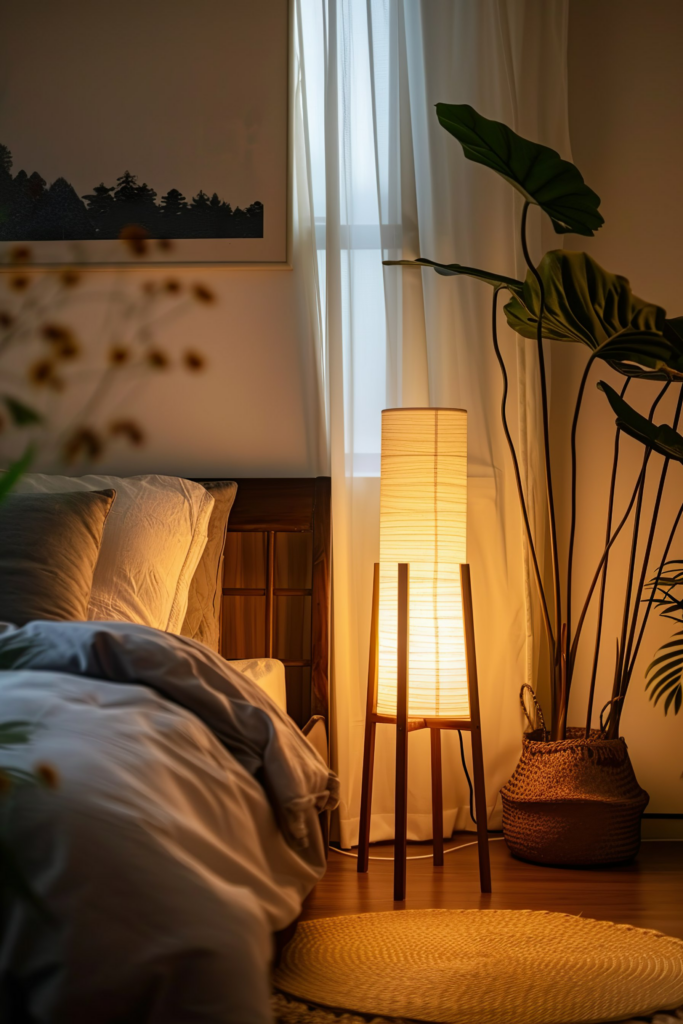 A cozy bedroom corner with a warm glowing floor lamp, a plant, and sheer curtains. An unmade bed and round rug add to the homely feel.