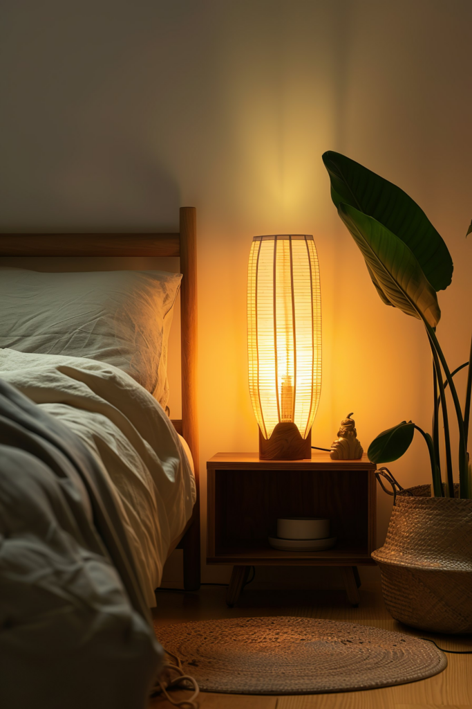Warmly lit bedroom at night with a glowing table lamp on a nightstand, a bed on the left, and a plant on the right.