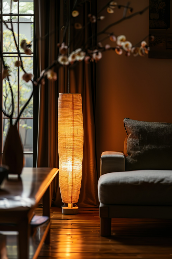 ALT: A cozy room corner with warm lighting from a tall floor lamp, a cushioned chair, wooden furniture, and sheer curtains on a window.