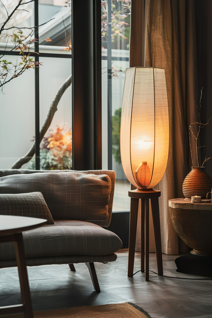 ALT: A cozy corner with a tall floor lamp casting warm light, beside a grey sofa and decorative vase, near a window with sheer curtains.