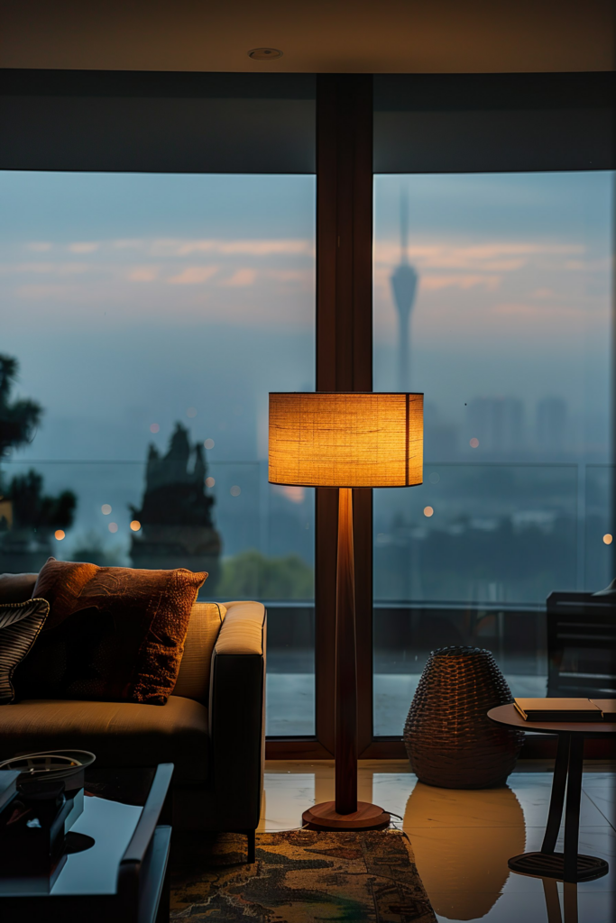 Cozy interior with a floor lamp by a window overlooking a cityscape at dusk, with a silhouette of a tower in the distance.