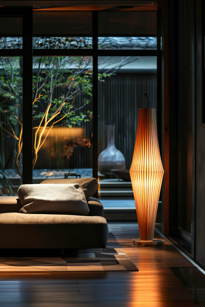 Modern living room corner with a cozy sofa, elegant floor lamp, large windows, and a view of greenery outside.