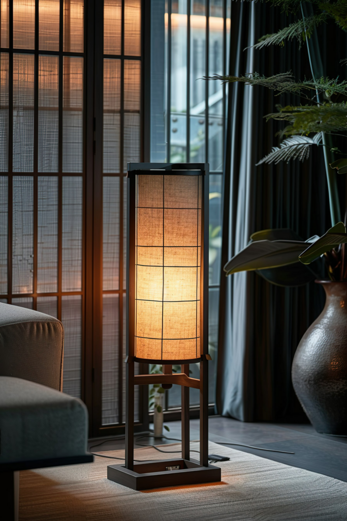 A floor lamp with a warm light illuminates a cozy room, featuring a shoji screen and lush greenery in the background.